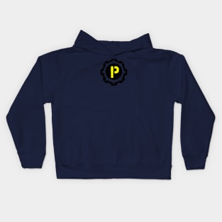 Yellow Letter P in a Black Industrial Cog Kids Hoodie